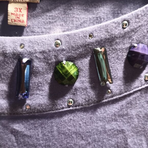 NWT Reba 3X L/S Purple Cotton/Modal Top with Stones at Neckline - Picture 2 of 2